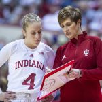 
              Indiana head coach Teri Moren talks with guard Nicole Cardano-Hillary (4) during a break in the second half of an NCAA college basketball game against Purdue, Sunday, Feb. 6, 2022, in Bloomington, Ind. (AP Photo/Doug McSchooler)
            
