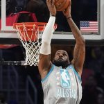 
              Los Angeles Lakers' LeBron James goes up for a reverse dink during the first half of the NBA All-Star basketball game, Sunday, Feb. 20, 2022, in Cleveland. (AP Photo/Charles Krupa)
            