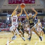 
              Purdue guard Madison Layden (33) deflects a pass intended for Indiana guard Ali Patberg (14) during the second half of an NCAA college basketball game, Sunday, Feb. 6, 2022, in Bloomington, Ind. (AP Photo/Doug McSchooler)
            