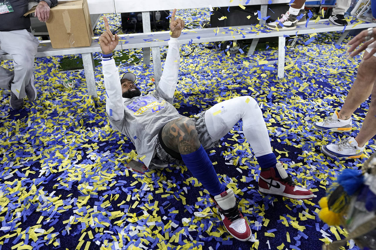 Los Angeles Rams wide receiver Odell Beckham Jr. celebrates after the Rams defeated the Cincinnati ...