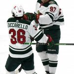 
              Minnesota Wild left wing Kirill Kaprizov, right, celebrates with right wing Mats Zuccarello after scoring a goal during the second period of an NHL hockey game against the Chicago Blackhawks in Chicago, Wednesday, Feb. 2, 2022. (AP Photo/Nam Y. Huh)
            