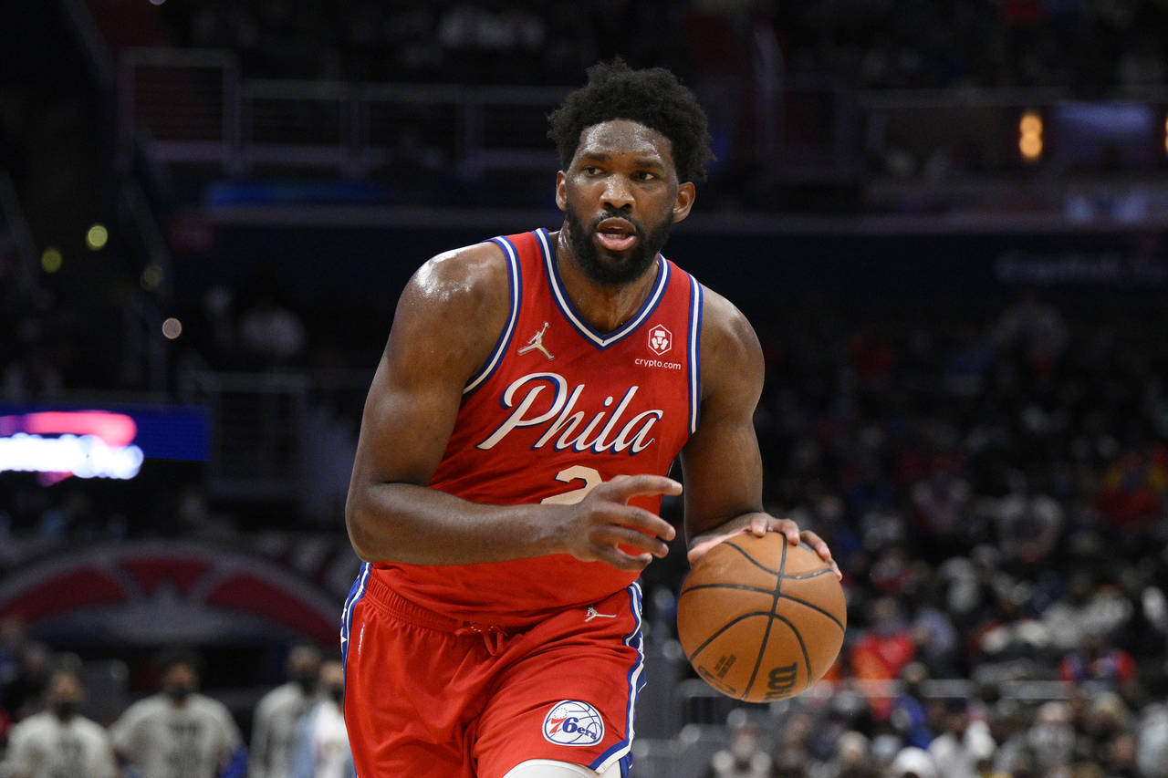 FILE - Philadelphia 76ers center Joel Embiid (21) in action during the second half of an NBA basket...