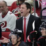 
              Carolina Hurricanes coach Rod Brind'Amour argues a call during the first period of the team's NHL hockey game against the Nashville Predators, Friday, Feb. 18, 2022, in Raleigh, N.C. (AP Photo/Chris Seward)
            