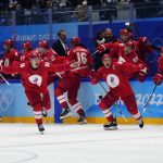 
              The Russian Olympic Committee celebrates the winning goal by Arseni Gritsyuk during a shootout in a men's semifinal hockey game against Sweden at the 2022 Winter Olympics, Friday, Feb. 18, 2022, in Beijing. (AP Photo/Petr David Josek)
            