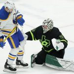 
              Dallas Stars goaltender Jake Oettinger (29) defends the goal against Buffalo Sabres right wing Kyle Okposo (21) during the first period of an NHL hockey game in Dallas, Sunday, Feb. 27, 2022. (AP Photo/LM Otero)
            