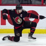 
              Ottawa Senators left wing Brady Tkachuk celebrates his goal against the Minnesota Wild during the first period of an NHL hockey game Tuesday, Feb. 22, 2022, in Ottawa, Ontario. (Adrian Wyld/The Canadian Press via AP)
            