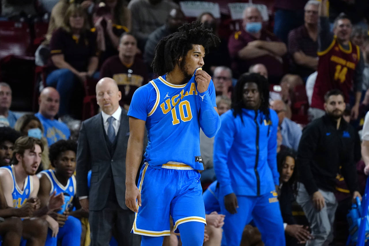 UCLA guard Tyger Campbell pauses on the court during the second half of the team's NCAA college bas...