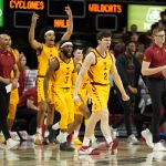 
              Iowa State guard Caleb Grill (2) celebrates with teammates during the first half of an NCAA college basketball game against Kansas State, Saturday, Feb. 12, 2022, in Ames, Iowa. (AP Photo/Charlie Neibergall)
            