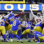 
              Los Angeles Rams' Matt Gay (8) kicks a field goal during the second half of the NFC Championship NFL football game against the San Francisco 49ers Sunday, Jan. 30, 2022, in Inglewood, Calif. (AP Photo/Marcio Jose Sanchez)
            