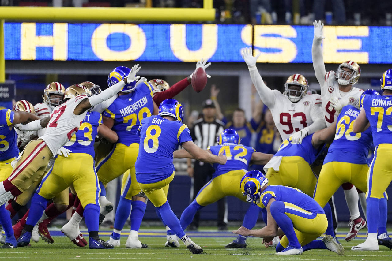 Los Angeles Rams' Matt Gay (8) kicks a field goal during the second half of the NFC Championship NF...