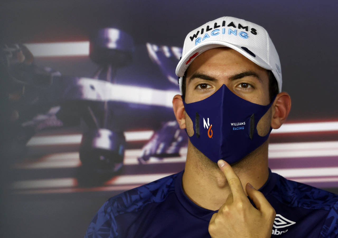 FILE - Williams driver Nicholas Latifi of Canada attends a media conference at the Hungaroring race...