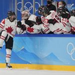 
              Canada's Marie-Philip Poulin (29) celebrates after scoring on a penalty shot against the United States during a preliminary round women's hockey game at the 2022 Winter Olympics, Tuesday, Feb. 8, 2022, in Beijing. (AP Photo/Petr David Josek)
            