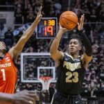 
              Purdue guard Jaden Ivey (23) shoots during the second half of an NCAA college basketball game against Illinois, Tuesday, Feb. 8, 2022, in West Lafayette, Ind. (AP Photo/Doug McSchooler)
            
