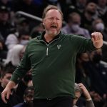 
              Milwaukee Bucks head coach Mike Budenholzer reacts during the first half of an NBA basketball game against the Philadelphia 76ers Thursday, Feb. 17, 2022, in Milwaukee. (AP Photo/Morry Gash)
            