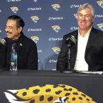 
              Jacksonville Jaguars owner Shahid Khan, left, and Doug Pederson, new head coach of the NFL football team, smile during a news conference, Saturday, Feb. 5, 2022, in Jacksonville, Fla. (AP Photo/Mark Long)
            