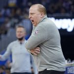 
              New York Knicks head coach Tom Thibodeau reacts toward players during the first half of his team's NBA basketball game against the Golden State Warriors in San Francisco, Thursday, Feb. 10, 2022. (AP Photo/Jeff Chiu)
            