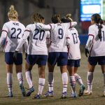 
              United States' Kristie Mewis (22), Catarina Macario (20), Mallory Pugh (9), Ashley Sanchez (13) and Sophia Smith (11) celebrate a goal by Macario during the first half of a SheBelieves Cup soccer match against Iceland, Wednesday, Feb. 23, 2022, in Frisco, Texas. The United States won 5-0. (AP Photo/Jeffrey McWhorter)
            