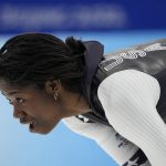 
              Erin Jackson of the United States reacts after winning her heat in the speedskating women's 500-meter race at the 2022 Winter Olympics, Sunday, Feb. 13, 2022, in Beijing. (AP Photo/Ashley Landis)
            