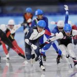 
              Athletes compete during the men's speedskating mass start finals at the 2022 Winter Olympics, Saturday, Feb. 19, 2022, in Beijing. (AP Photo/Sue Ogrocki)
            