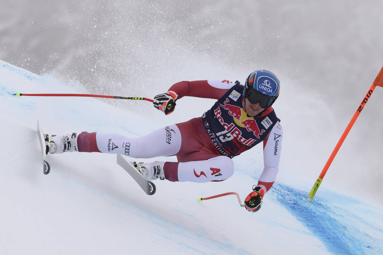 Austria's Matthias Mayer speeds down the course during an alpine ski, men's World Cup downhill, in ...