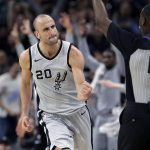 
              FILE - San Antonio Spurs guard Manu Ginobili (20) clenches his fist after scoring against the Phoenix Suns during the second half of an NBA basketball game Jan. 5, 2018, in San Antonio. Ginobili, a four-time NBA champion who spent his entire career with the Spurs, headlines this year's group of finalists for induction into the Naismith Memorial Basketball Hall of Fame. (AP Photo/Eric Gay, File)
            
