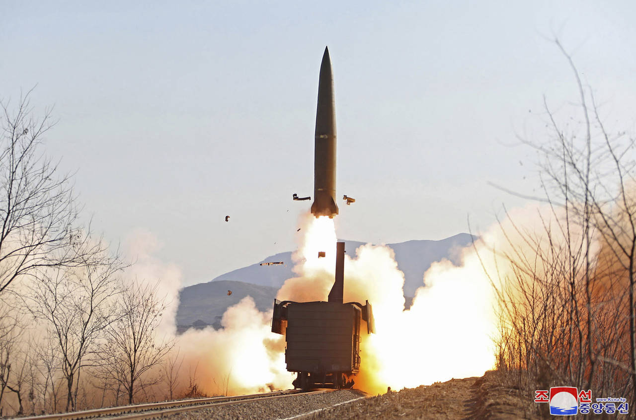 FILE - This file photo provided on Jan. 15, 2022, by the North Korean government shows a missile te...
