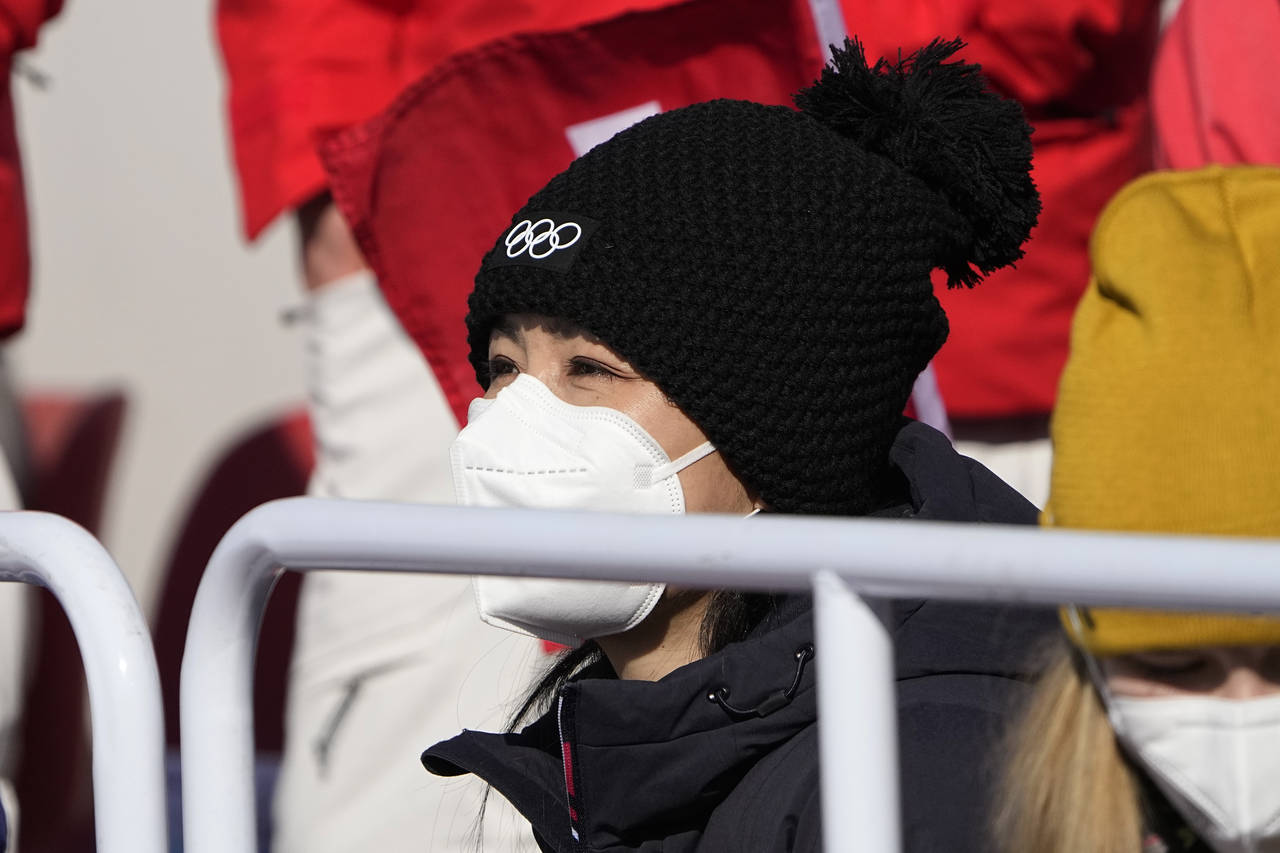 China's Peng Shuai watches the women's freestyle skiing big air finals at the 2022 Winter Olympics,...