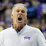
              TCU head coach Jamie Dixon reacts after a foul call during the second half of an NCAA basketball game against Iowa State Tuesday, Feb. 15, 2022, in Fort Worth, Texas. (AP Photo/Richard W. Rodriguez)
            