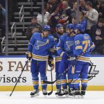 
              St. Louis Blues left wing David Perron, second from right, is congratulated after scoring a goal against the Chicago Blackhawks during the first period of an NHL hockey game Saturday, Feb. 12, 2022, in St. Louis. (AP Photo/Joe Puetz)
            