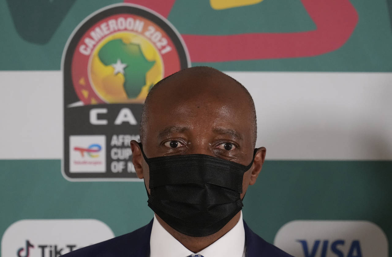 CAF president Patrice Motsepe speaks during a press conference at the Ahmadou Ahidjo stadium in Yao...