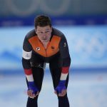 
              Sven Kramer of the Netherlands reacts after his heat during the men's speedskating 5,000-meter race at the 2022 Winter Olympics, Sunday, Feb. 6, 2022, in Beijing. (AP Photo/Sue Ogrocki)
            