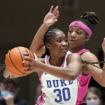 
              Duke guard Shayeann Day-Wilson (30) is pressured by North Carolina State guard Kai Crutchfield during the first half of an NCAA college basketball game in Durham, N.C., Sunday, Feb. 13, 2022. (AP Photo/Gerry Broome)
            