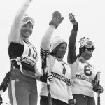
              FILE - Barbara Ann Cochran, center, of the United States, winner of the Winter Olympic women's slalom gold medal, stands with Florence Steurer (15), the bronze medalist, and Daniele Debernard (6) the silver medalist both from France, in Sapporo, Japan on Feb. 11, 1972. Fifty years after his mom, Barbara Ann, won the gold in slalom, Ryan Cochran-Siegle is contending for a medal in the men's downhill that will open the Alpine skiing program of the Beijing Games on Sunday.(AP Photo/ Sal Veder, File)
            