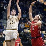 
              California forward Grant Anticevich (15) shoots against Utah guard Jaxon Brenchley (5) during the first half of an NCAA college basketball game in Berkeley, Calif., Saturday, Feb. 19, 2022. (AP Photo/Jeff Chiu)
            