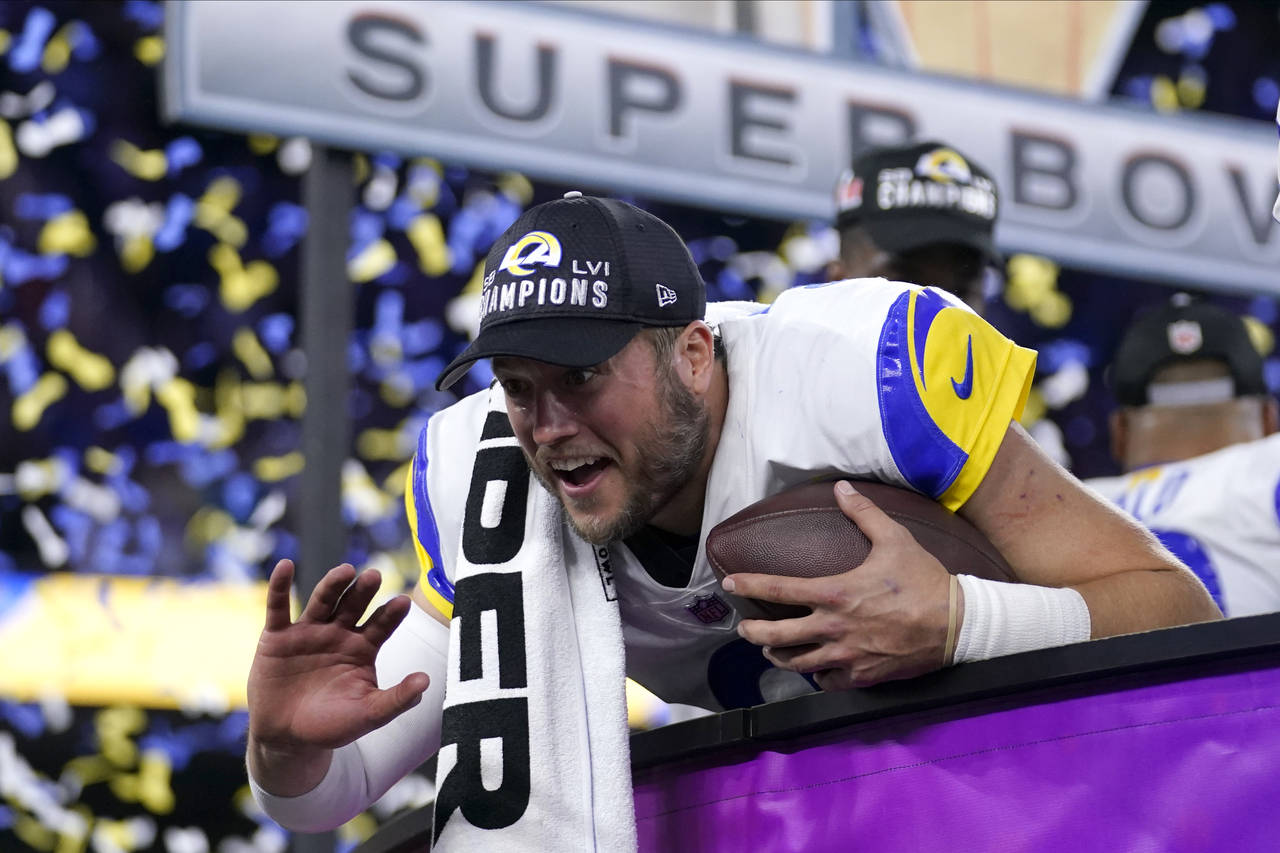 Los Angeles Rams quarterback Matthew Stafford celebrates after the Rams defeated the Cincinnati Ben...