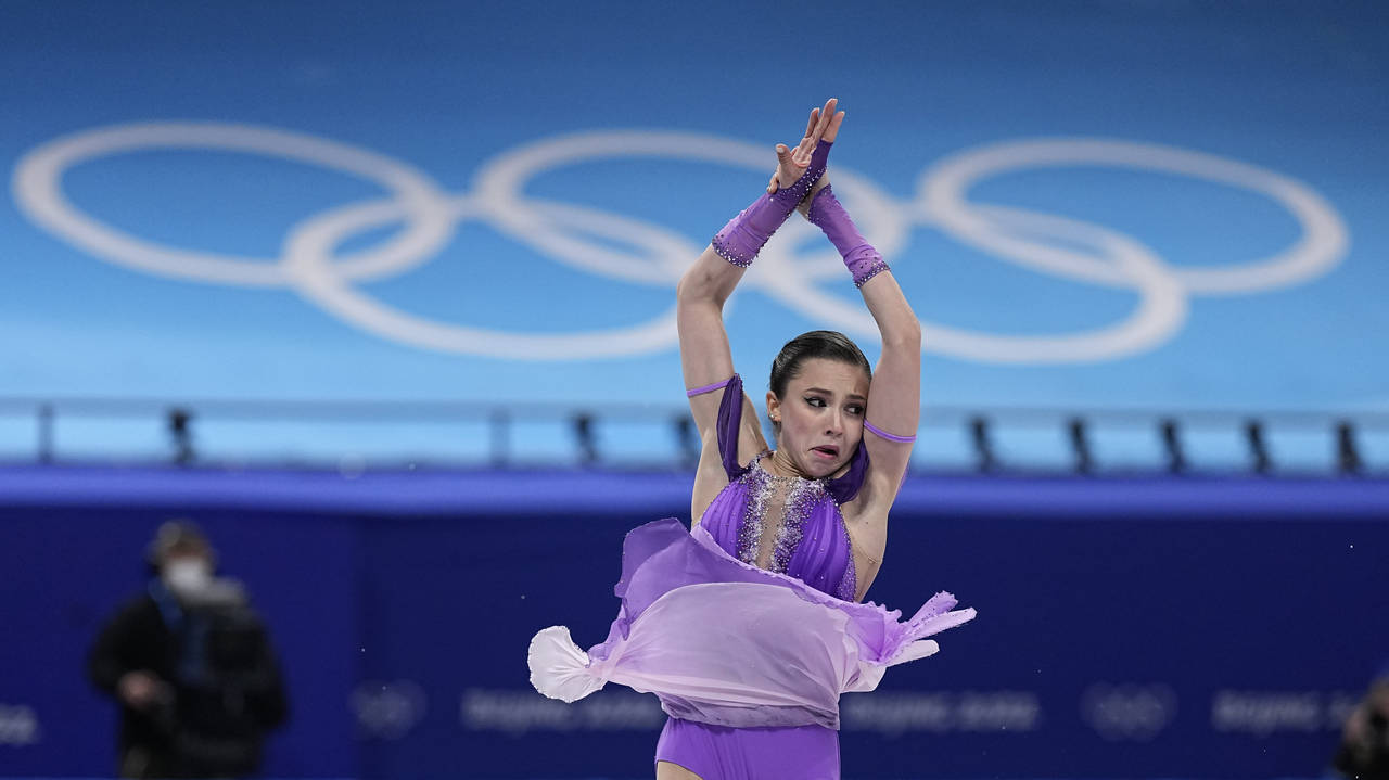 Kamila Valieva, of the Russian Olympic Committee, competes in the women's short program during the ...