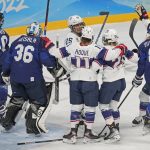 
              United States' Amanda Kessel (28) is congratulated by Alex Carpenter (25) and Abby Roque (11) after scoring a goal against Finland during a preliminary round women's hockey game at the 2022 Winter Olympics, Thursday, Feb. 3, 2022, in Beijing. (AP Photo/Petr David Josek)
            