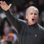 
              Tennessee head coach Rick Barnes directs his players during the first half of an NCAA college basketball game against South Carolina, Saturday, Feb. 5, 2022, in Columbia, S.C. Tennessee won 81-57. (AP Photo/Sean Rayford)
            