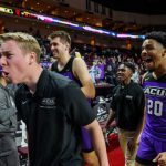 LAS VEGAS, NEVADA - MARCH 11: The Abilene Christian Wildcats celebrate after upsetting the Seattle Redhawks during a semifinal game of the Western Athletic Conference basketball tournament at the Orleans Arena on March 11, 2022 in Las Vegas, Nevada. The Wildcats defeated the Redhawks 78-76. (Photo by Joe Buglewicz/Getty Images)