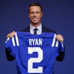 
              Indianapolis Colts quarterback Matt Ryan holds his new jersey following a press conference at the NFL team's practice facility in Indianapolis, Tuesday, March 22, 2022. (AP Photo/Michael Conroy)
            