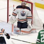 
              Edmonton Oilers goaltender Mikko Koskinen (19) reacts after giving up a goal to Dallas Stars left wing Jason Robertson (21) during the second period of an NHL hockey game in Dallas, Tuesday, March 22, 2022. (AP Photo/LM Otero)
            