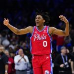 
              Philadelphia 76ers' Tyrese Maxey reacts after an NBA basketball game against the Miami Heat, Monday, March 21, 2022, in Philadelphia. (AP Photo/Matt Slocum)
            