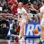 
              Louisville guard Hailey Van Lith (10) celebrates after scoring and getting fouled during the first half of their women's NCAA Tournament college basketball first round game against Albany in Louisville, Ky., Friday, March 18, 2022. (AP Photo/Timothy D. Easley)
            