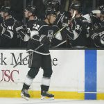 
              Los Angeles Kings center Andreas Athanasiou (22) celebrates with teammates after scoring during the first period of an NHL hockey game against the San Jose Sharks Thursday, March 10, 2022, in Los Angeles. (AP Photo/Ashley Landis)
            