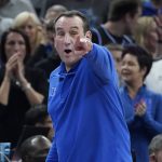 
              Duke head coach Mike Krzyzewski gestures toward players during the second half of his team's college basketball game against Texas Tech in the Sweet 16 round of the NCAA tournament in San Francisco, Thursday, March 24, 2022. (AP Photo/Marcio Jose Sanchez)
            