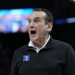
              Duke head coach Mike Krzyzewski reacts toward players during the first half of his team's college basketball game against Arkansas in the Elite 8 round of the NCAA men's tournament in San Francisco, Saturday, March 26, 2022. (AP Photo/Tony Avelar)
            