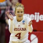
              Indiana guard Nicole Cardano-Hillary (4) celebrates in the second half of a college basketball game against Princeton in the second round of the NCAA tournament in Bloomington, Ind., Monday, March 21, 2022. Indiana defeated Princeton 56-55. (AP Photo/Michael Conroy)
            