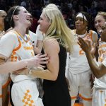 
              Tennessee head coach Kellie Harper celebrates with Sara Puckett (1) after Tennessee beat Belmont in a women's college basketball game in the second round of the NCAA tournament Monday, March 21, 2022, in Knoxville, Tenn. (AP Photo/Mark Humphrey)
            