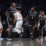 
              Brooklyn Nets' Andre Drummond (0), center, reacts after making a basket during the first half of the NBA basketball game against the New York Knicks at the Barclays Center, Sunday, Mar. 13, 2022, in New York. (AP Photo/Seth Wenig)
            