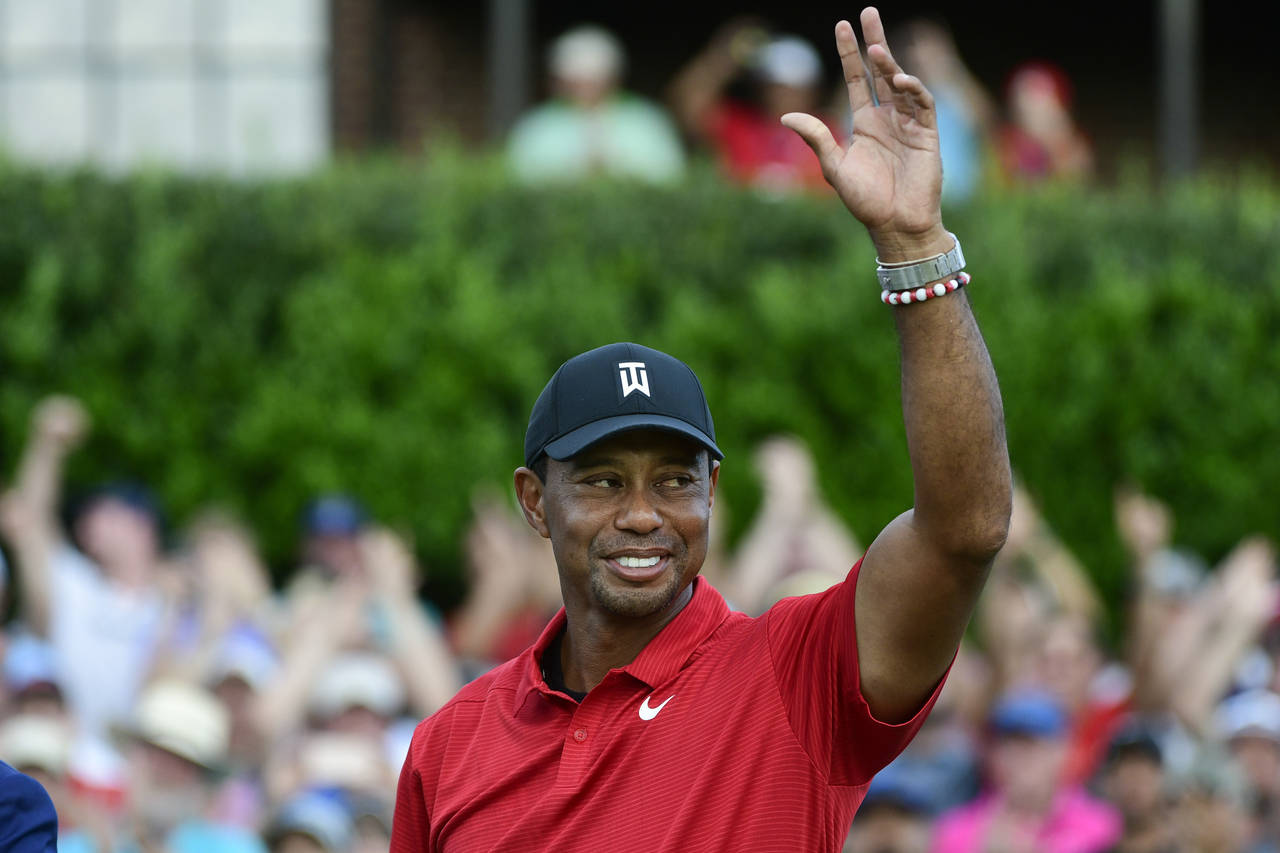 FILE - Tiger Woods celebrates on the 18th green after wining the Tour Championship golf tournament ...